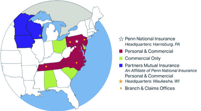 Map of States Where Penn National Insurance Writes